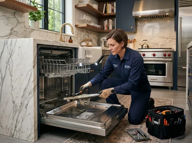Appliance Repair Hero technician servicing a built-in dishwasher in a Brooks, GA kitchen