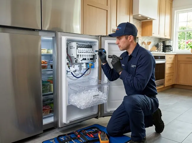 Appliance Repair Hero technician repairing a refrigerator ice maker in Brooks, GA
