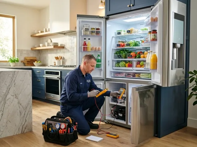 Appliance Repair Hero refrigerator technician testing a fridge on a Brooks, GA service call